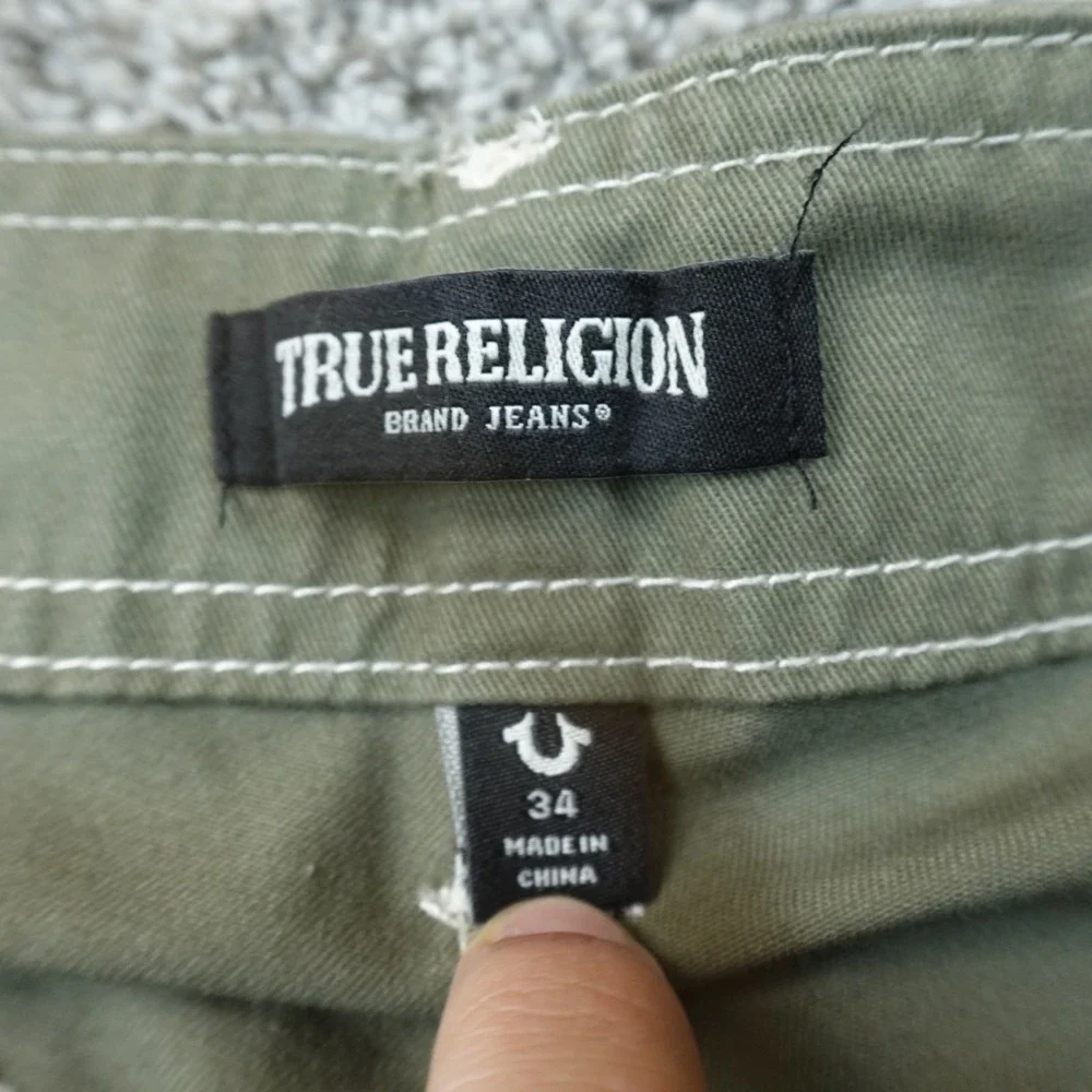 NEW True Religion Pants Mens 34X32 Green Cargo Baggy White Contrast Stitch Y2K